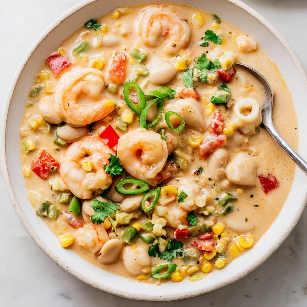 Hearty bowl of creamy seafood and shrimp chili garnished with fresh cilantro, green onions, and lime wedges