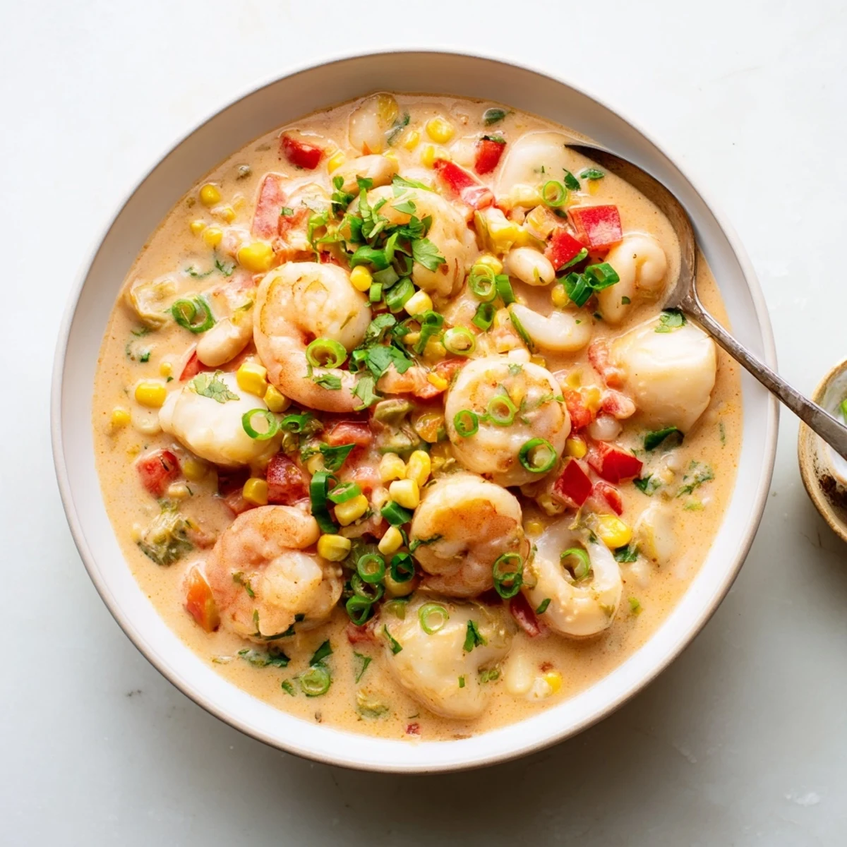 Spoonful of luxurious creamy seafood and shrimp chili showcasing plump shrimp, scallops, and cannellini beans in a velvety broth