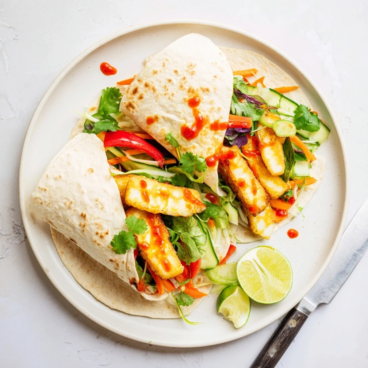 Hand-held vegetarian sweet chili halloumi wraps stuffed with crunchy julienned veggies and savory fried cheese