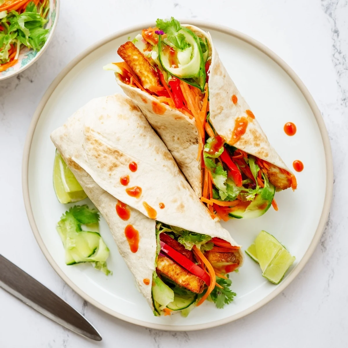 Golden fried vegetarian sweet chili halloumi wraps wrapped in soft flour tortillas with fresh crisp vegetables