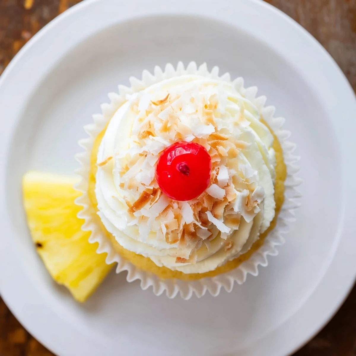 Tropical pineapple coconut cupcakes swirled with creamy buttercream frosting and sprinkled with toasted coconut flakes