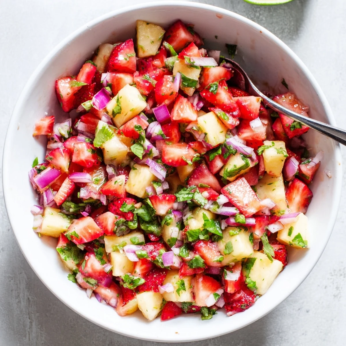 Colorful strawberry pineapple salsa with red fruit, green cilantro, and white onion in glass bowl.