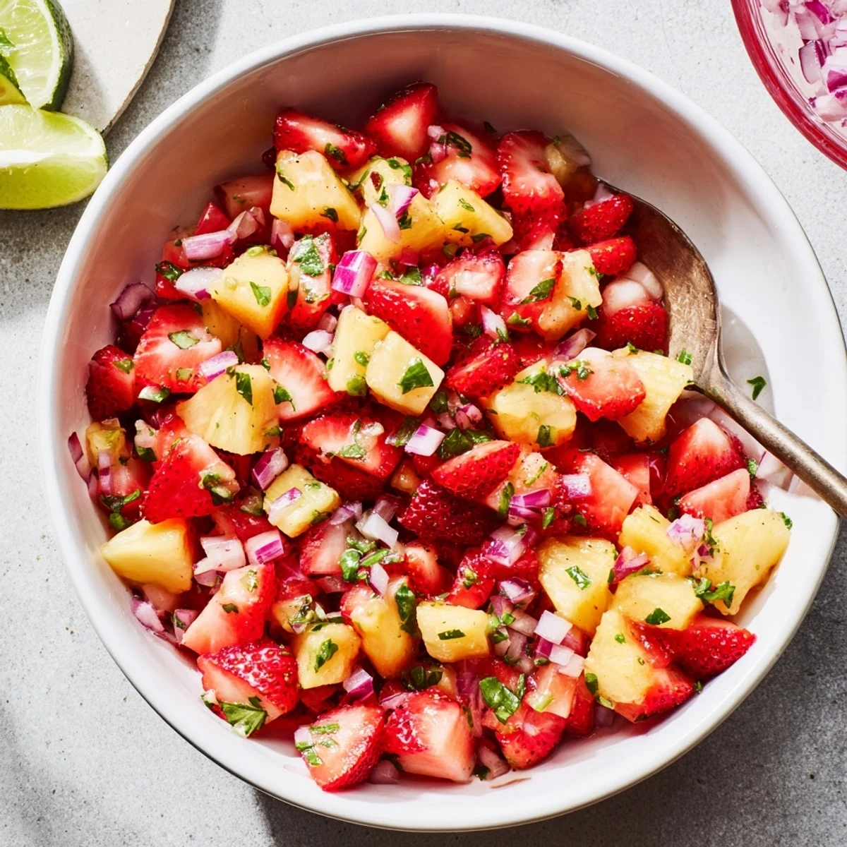 Fresh diced strawberries and pineapple mixed with jalapeño and cilantro in white serving dish.