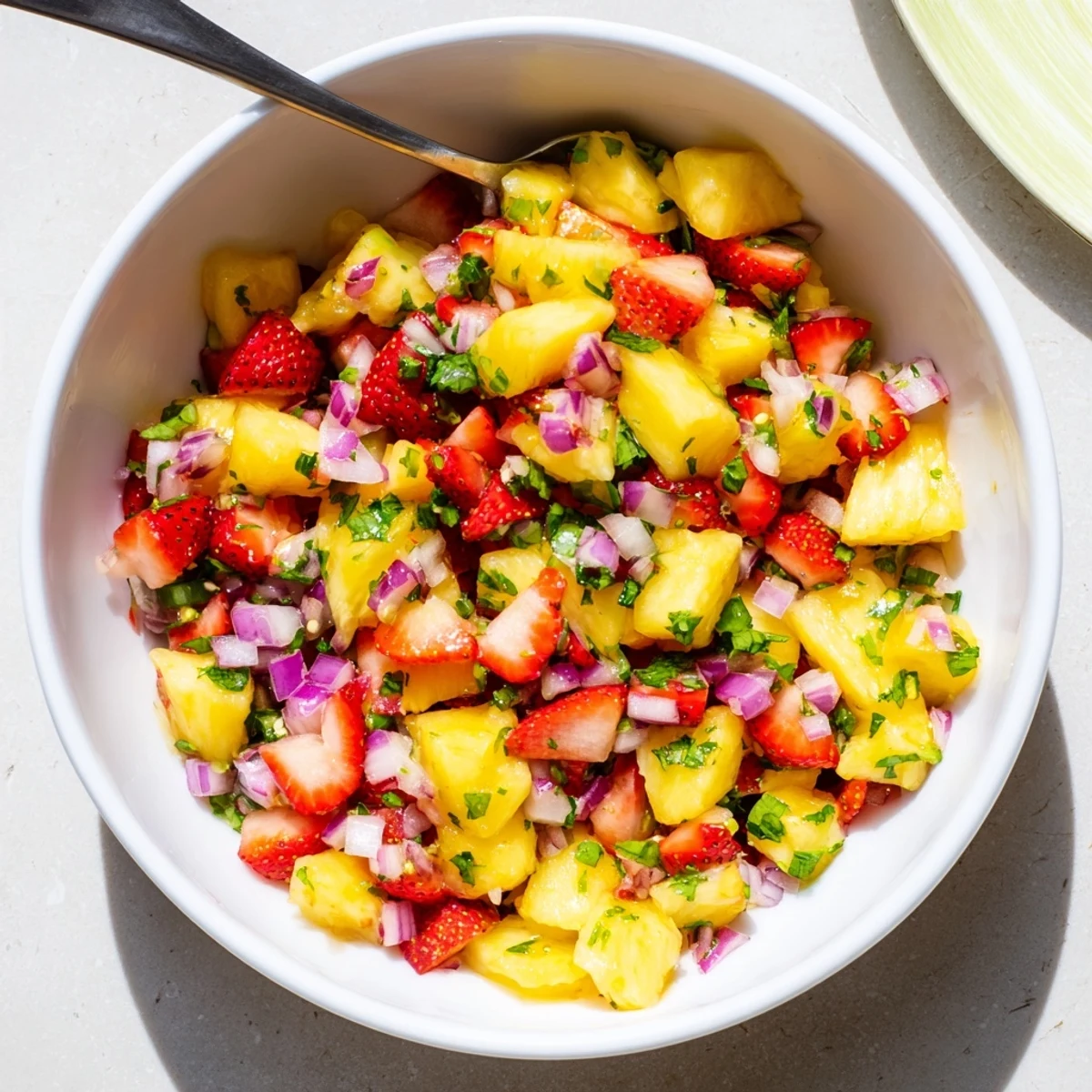 Vibrant homemade strawberry pineapple salsa with lime juice and chopped herbs ready for dipping.