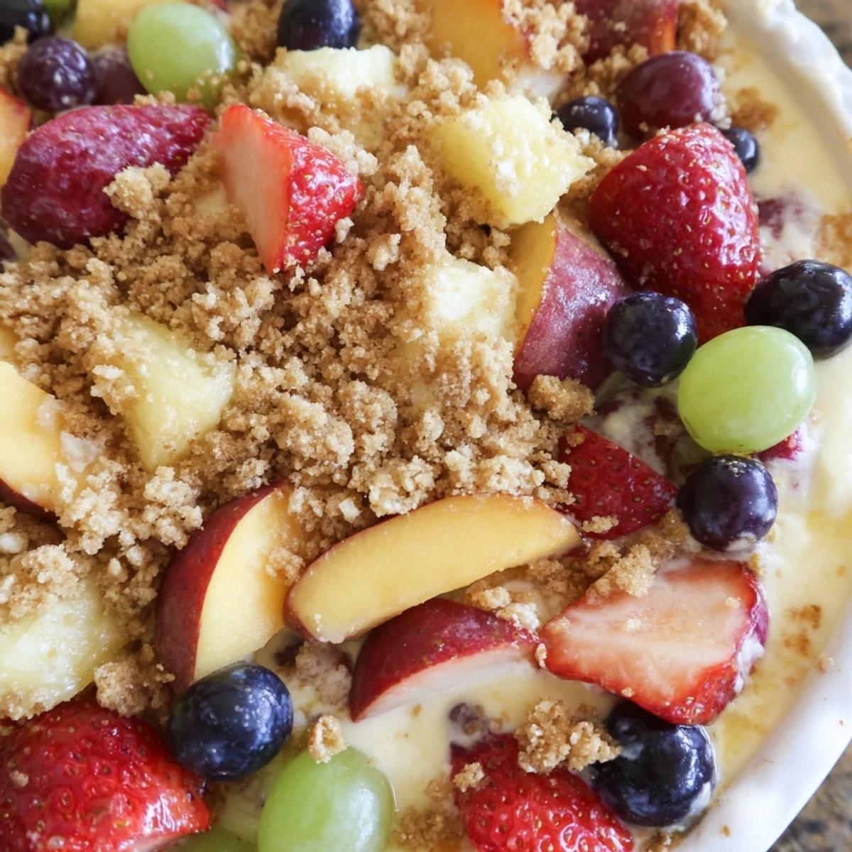 Colorful mixed fruit salad tossed in velvety cheesecake cream and topped with buttery spiced crumbs