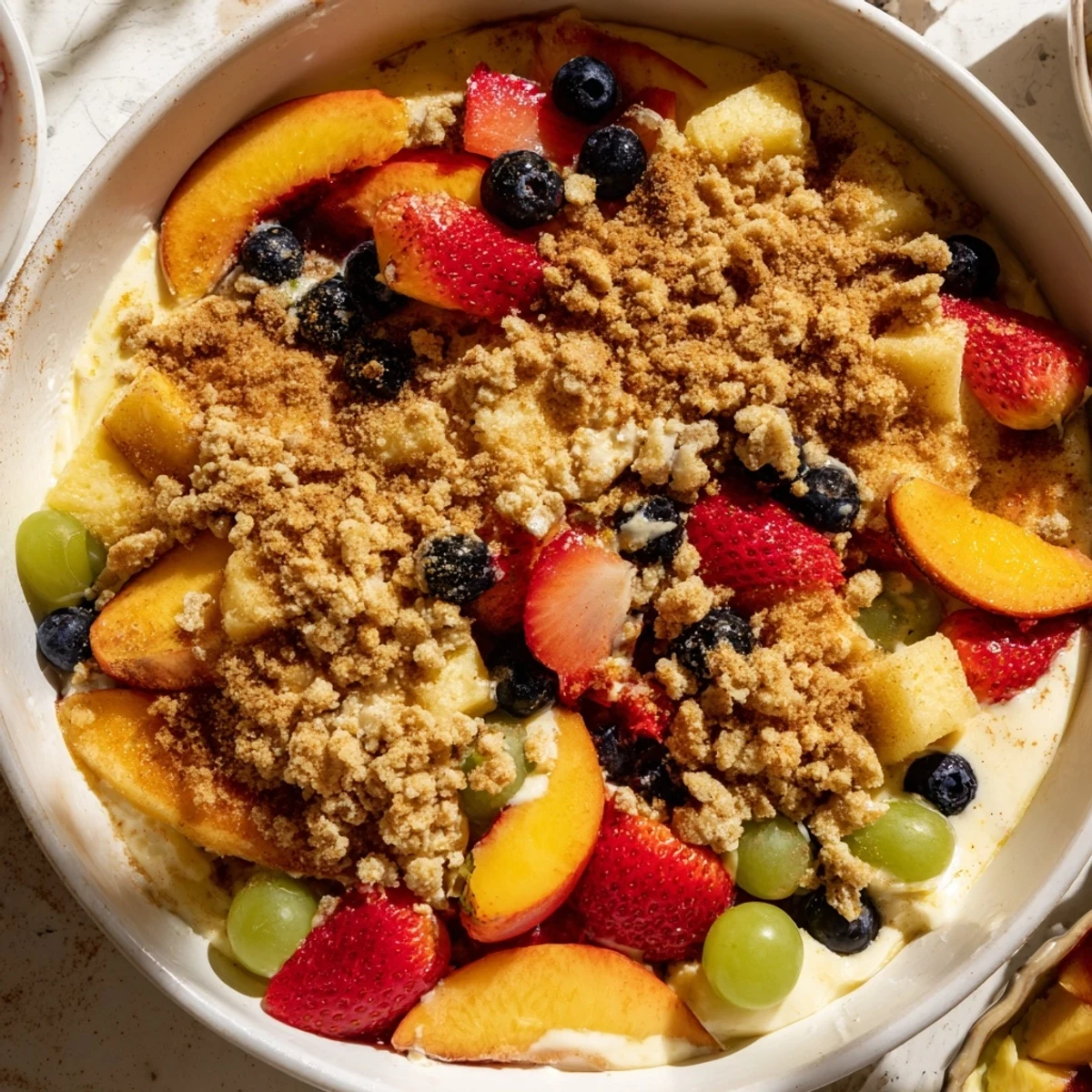 Fresh peach cobbler cheesecake fruit salad bowl with creamy swirls and golden cinnamon crumble topping