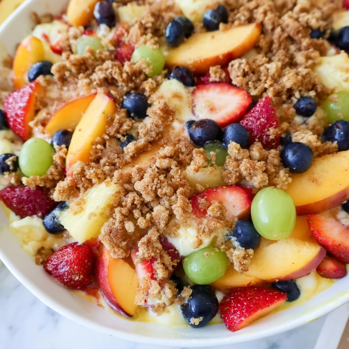 Summer dessert bowl featuring ripe peaches and berries in cheesecake mixture with crunchy cobbler topping