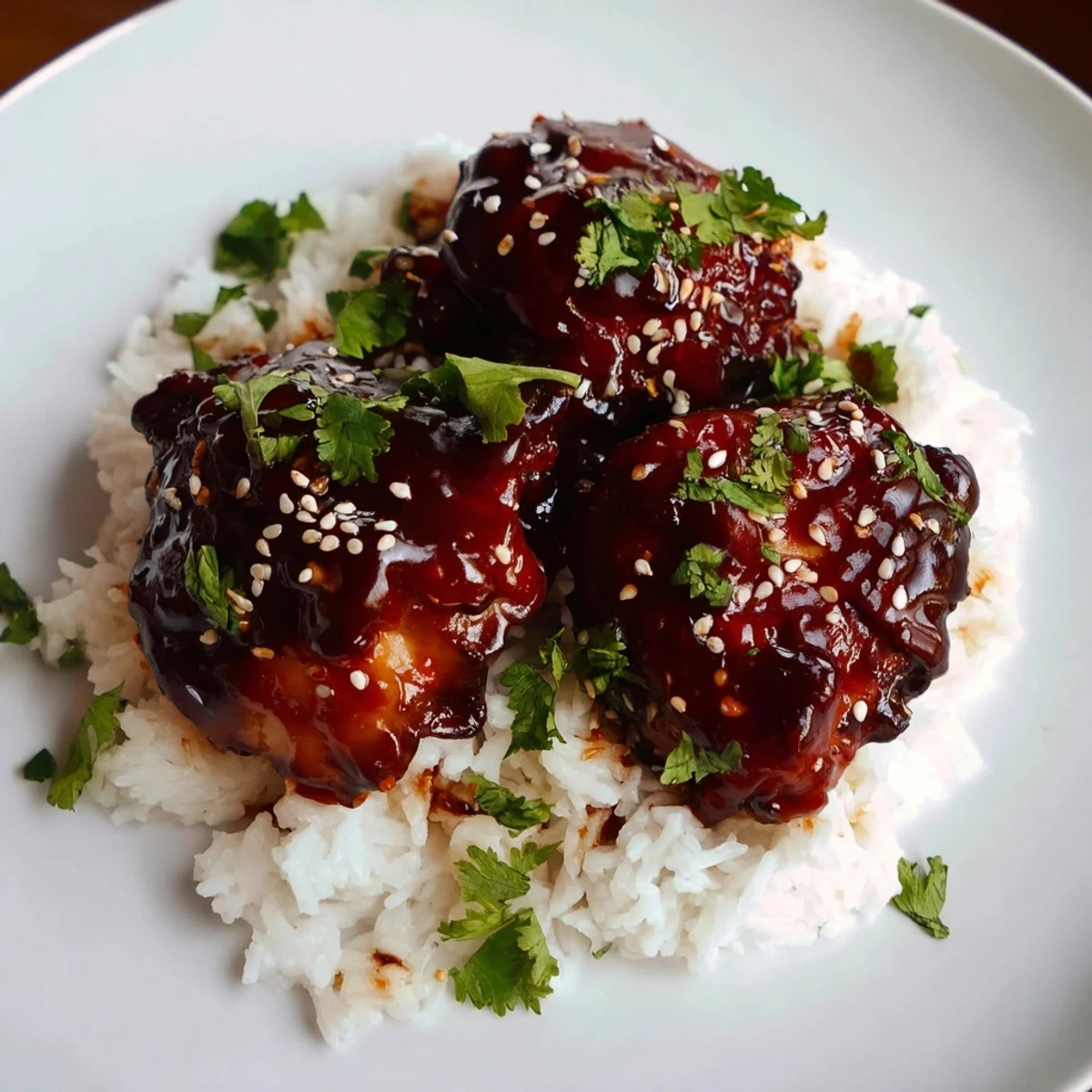 Golden chicken thighs glazed with spicy maple sauce served over fluffy white coconut rice