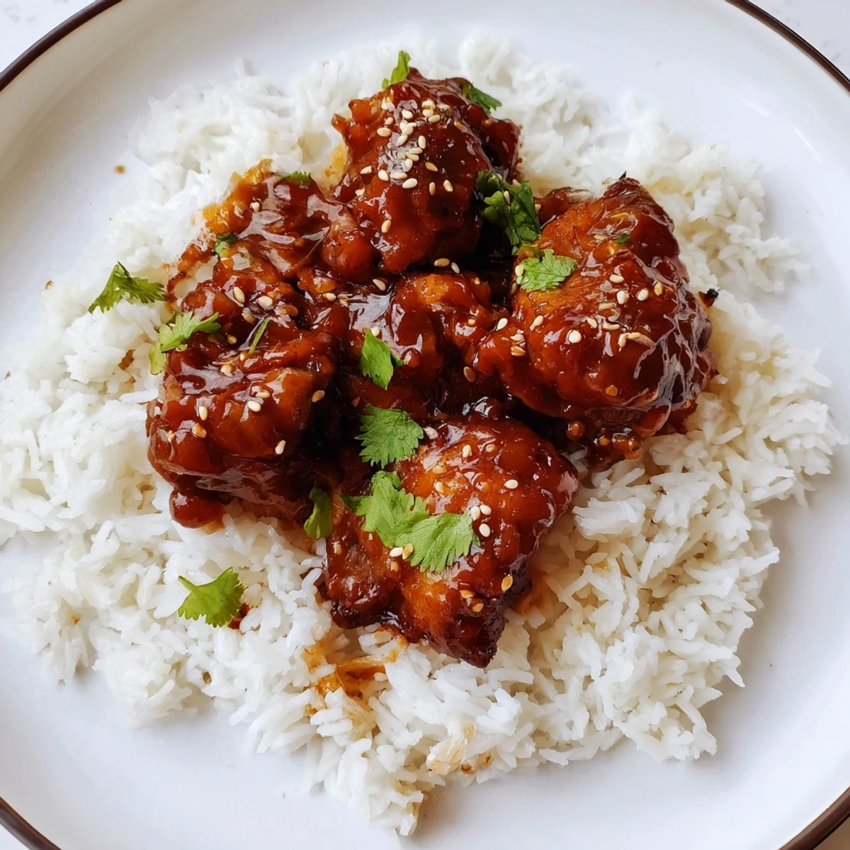 Tender spicy maple chicken resting on fragrant coconut rice with cilantro garnish and sesame seeds