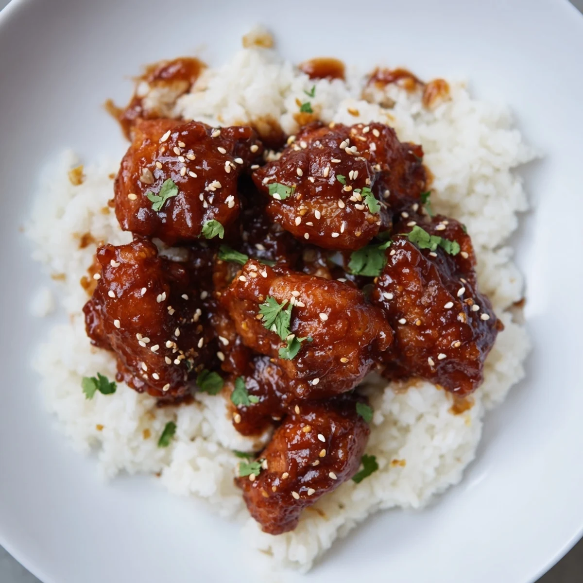 Plate of sweet and spicy maple glazed chicken atop creamy coconut rice with lime wedges