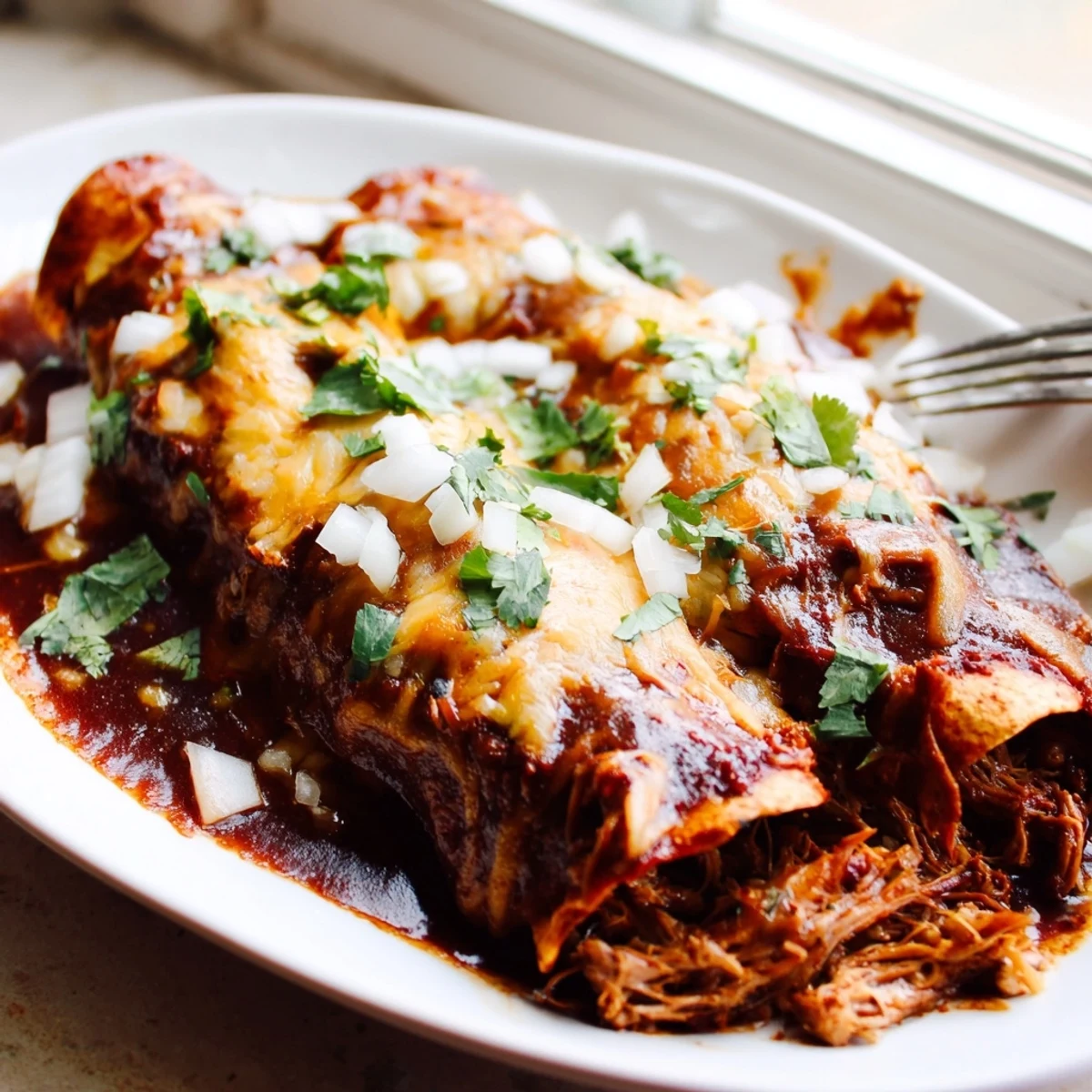 Golden birria enchiladas bubbling with melted Oaxaca cheese and rich consommé