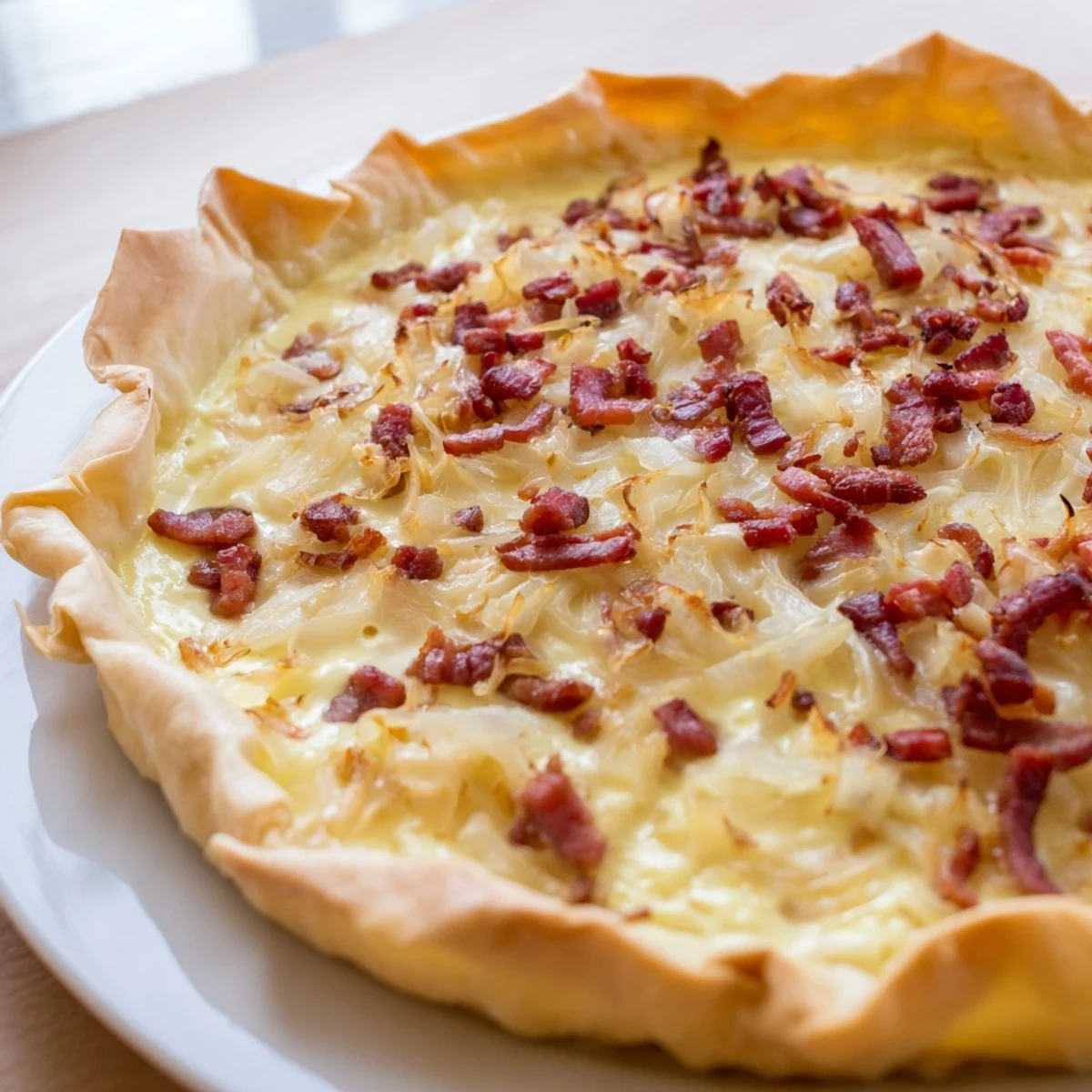 Golden brown German onion pie with caramelized onions and crispy bacon on a flaky pastry crust