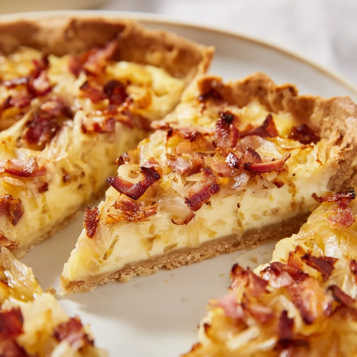 Savory German onion pie sliced into wedges featuring a creamy custard filling and golden bubbly cheese top