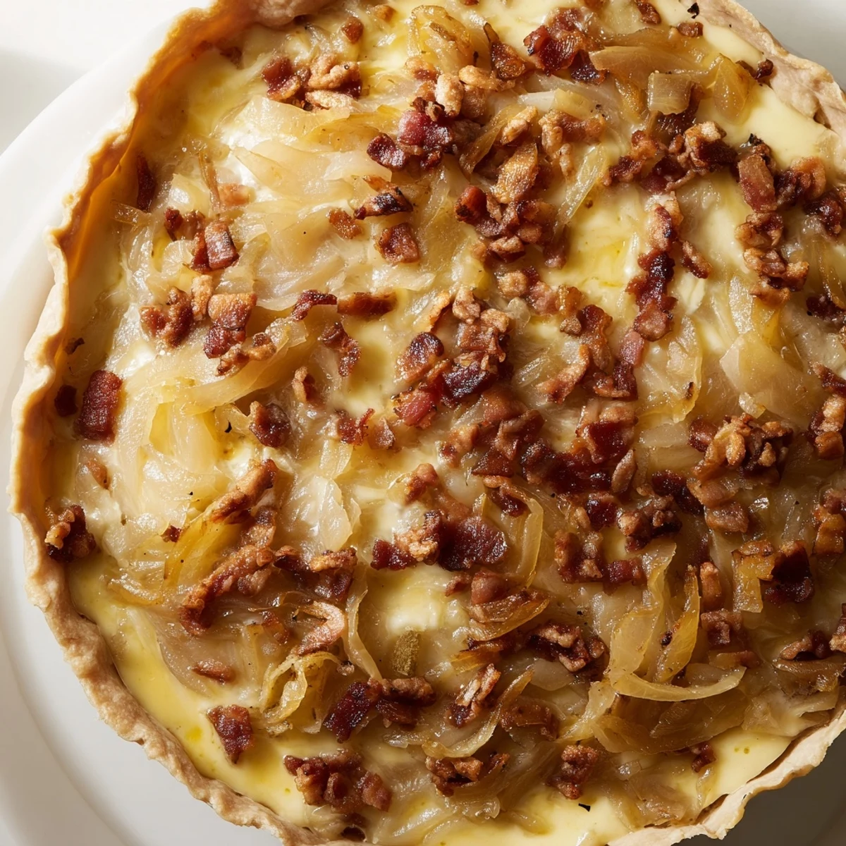 Homemade German onion pie baked in a tart pan with tender onions and smoky bacon pieces throughout