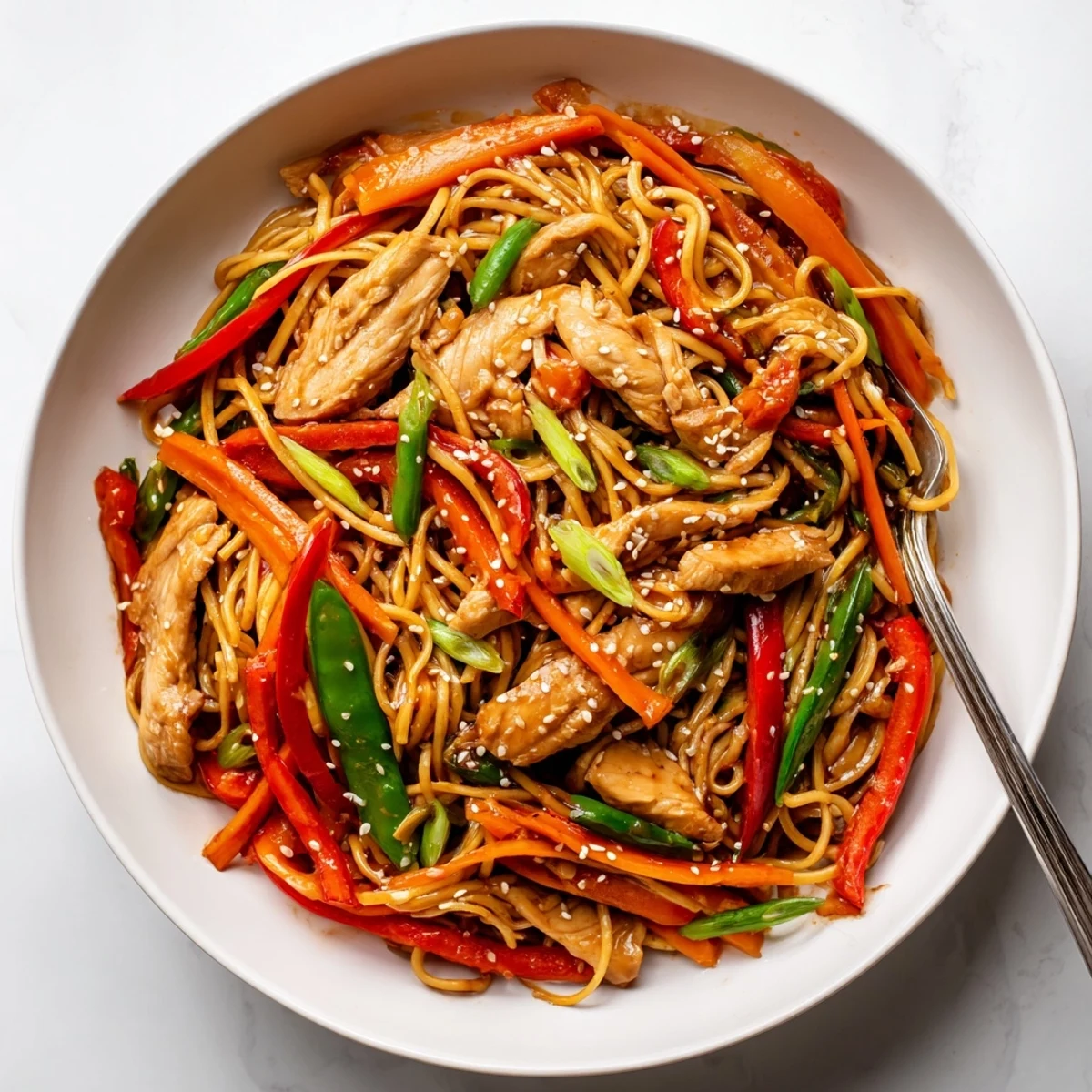Glossy sticky garlic chicken noodles with tender meat and colorful vegetables in a dark savory sauce