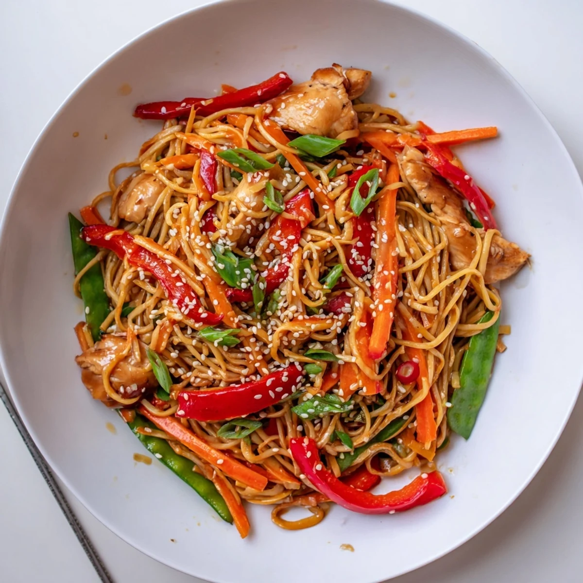 Plate of sticky garlic chicken noodles garnished with scallions and sesame seeds over vibrant bell peppers