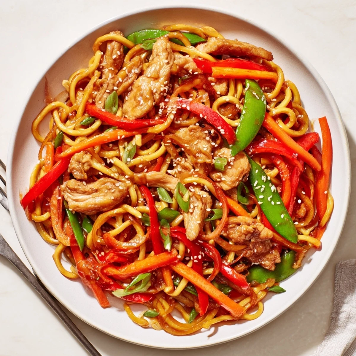 Steaming bowl of sticky garlic chicken noodles featuring chewy pasta coated in sweet caramelized glaze