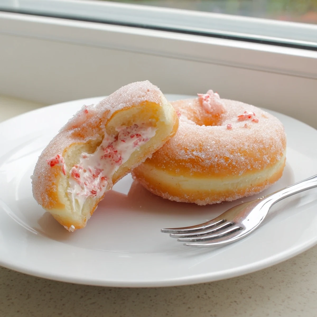 Golden strawberry cream filled doughnuts coated in sparkling sugar on a white plate