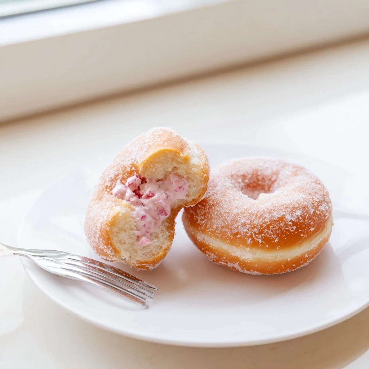 Two fluffy homemade strawberry cream filled doughnuts with pink cream oozing from center