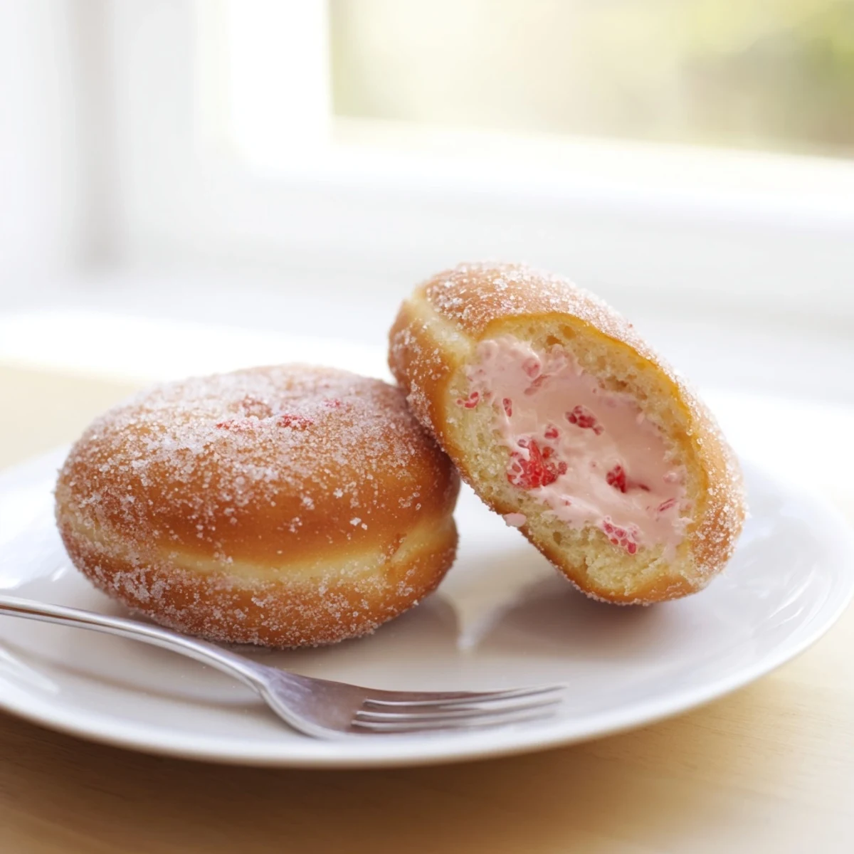 Stack of warm sugar-coated strawberry cream filled doughnuts with fresh strawberry garnish