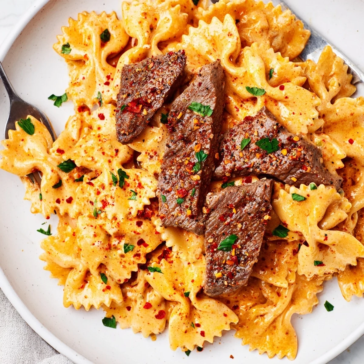 Golden bowtie pasta coated in spicy Cajun Alfredo sauce with seasoned beef slices
