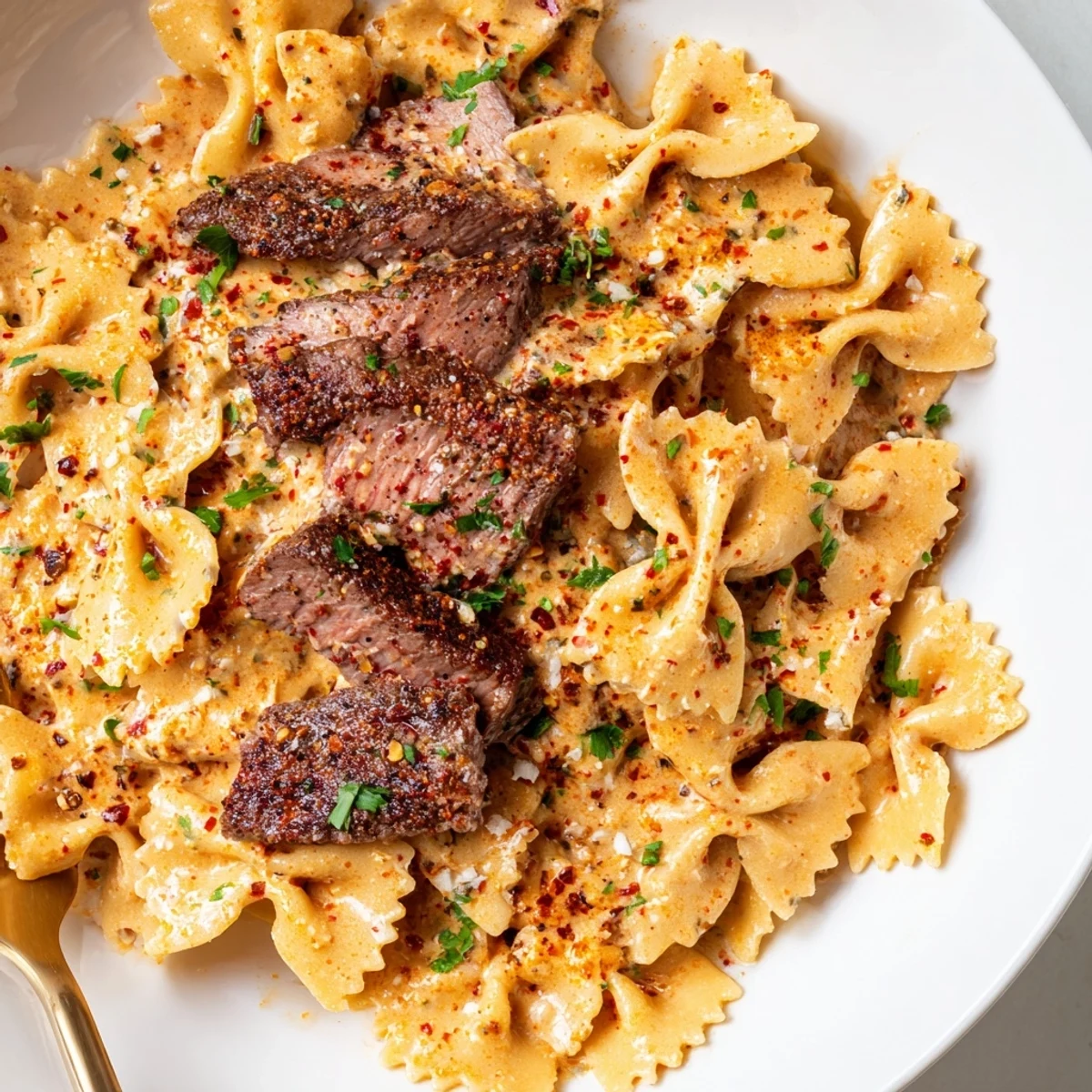 Creamy Cajun cream cheese Alfredo bowties topped with spiced beef and fresh parsley