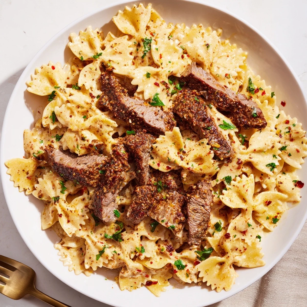 Plate of zesty Cajun Alfredo pasta with tender beef and Parmesan cheese garnish