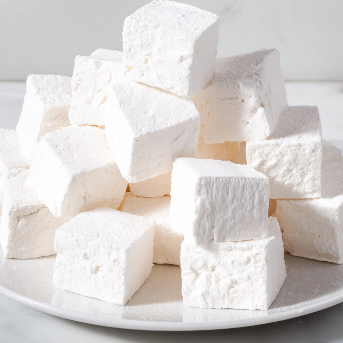 Soft pillowy homemade marshmallows freshly cut and coated in sweet confectioners sugar mixture for delicious snacking