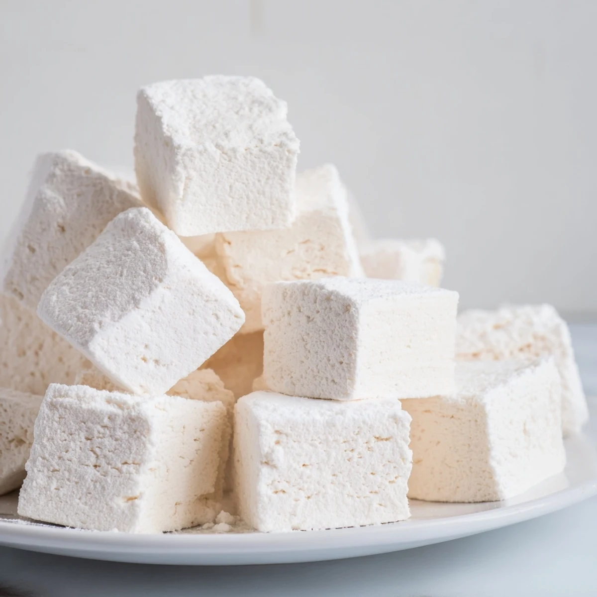 Fluffy white homemade marshmallows dusted with powdered sugar arranged in neat squares on a wooden cutting board