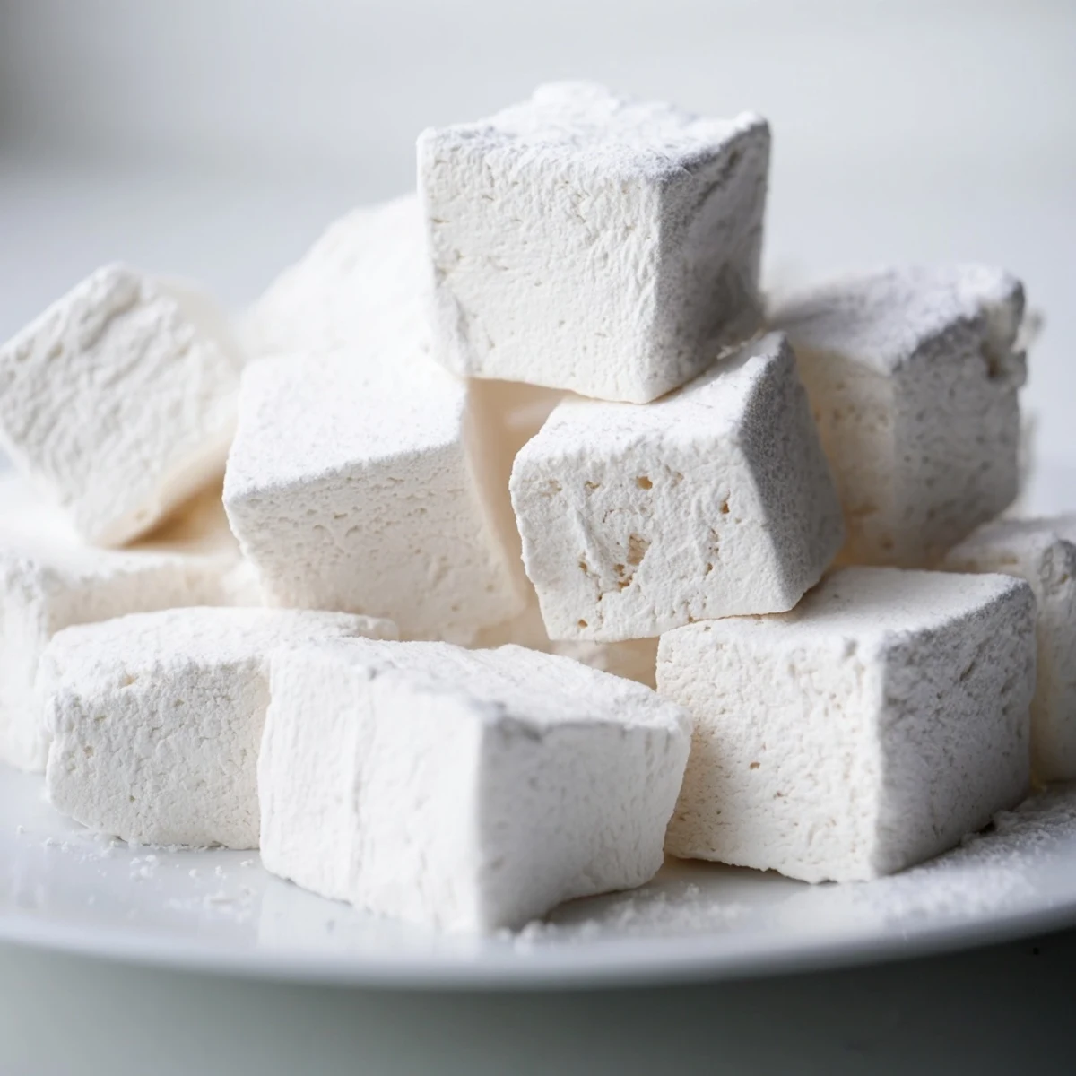 Glossy white homemade marshmallows set in a glass baking pan ready to be cut into fluffy squares