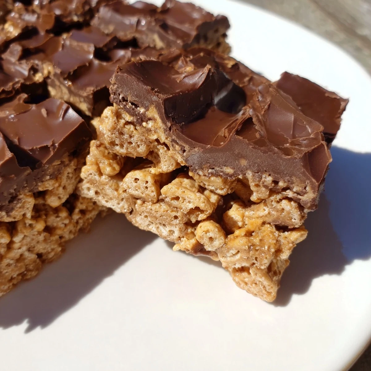 Golden gluten-free honey Chex chocolate peanut butter bars displayed on a white serving plate