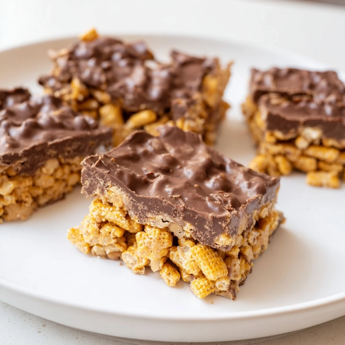 Rich chocolate layer topping crunchy gluten-free honey Chex peanut butter cereal bars cut into squares