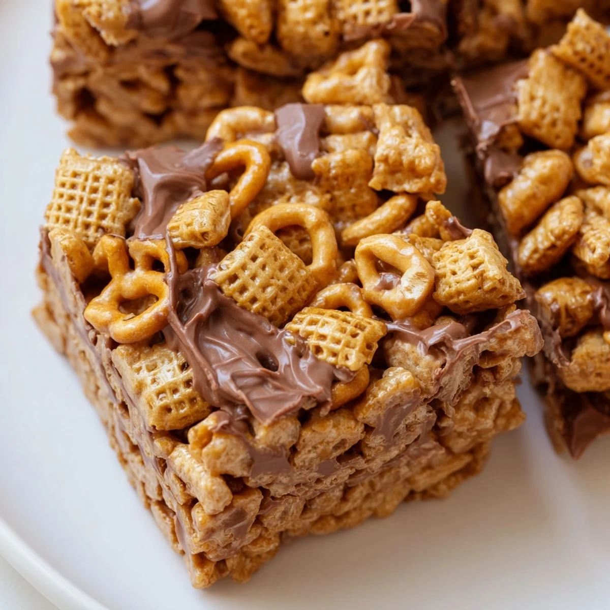 Homemade no-bake honey Chex chocolate peanut butter bars arranged on a rustic wooden cutting board