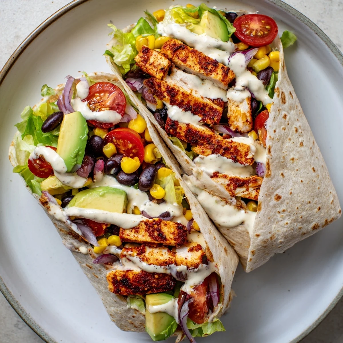 Golden southwest chicken wraps filled with seasoned chicken, crisp lettuce, and colorful veggies in flour tortillas