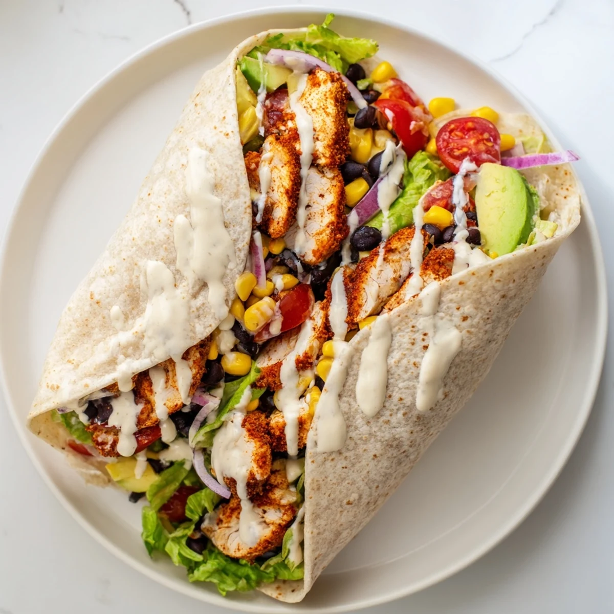 Delicious southwest chicken wraps featuring spiced chicken, black beans, corn, and creamy sauce sliced in half