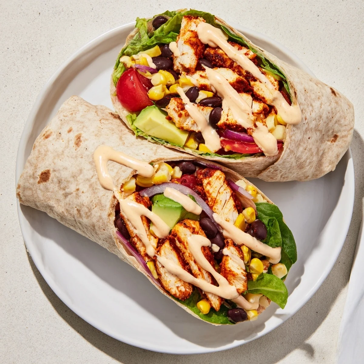 Fresh southwest chicken wraps rolled with avocado, tomatoes, and romaine lettuce drizzled with zesty southwest sauce