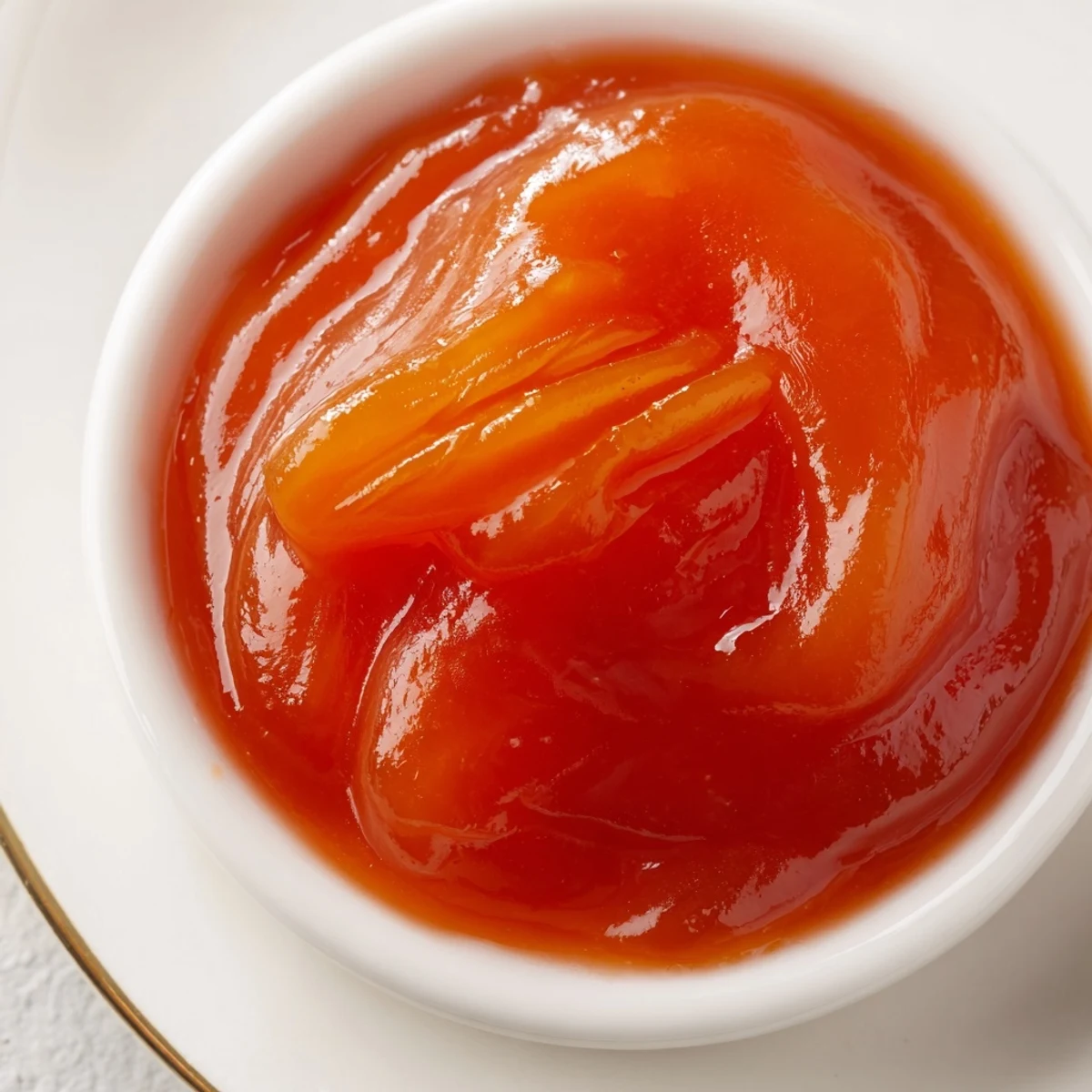 Golden McDonalds sweet and sour sauce in a dipping bowl beside crispy chicken nuggets