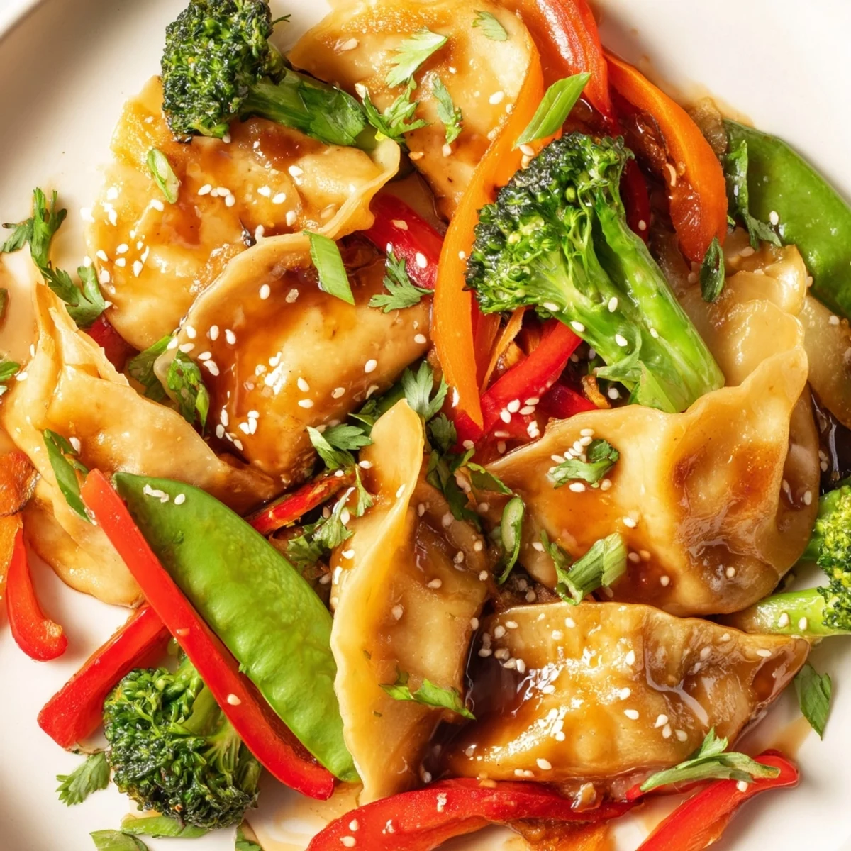 Golden pan-fried dumpling stir fry with colorful crisp vegetables in glossy garlic sauce