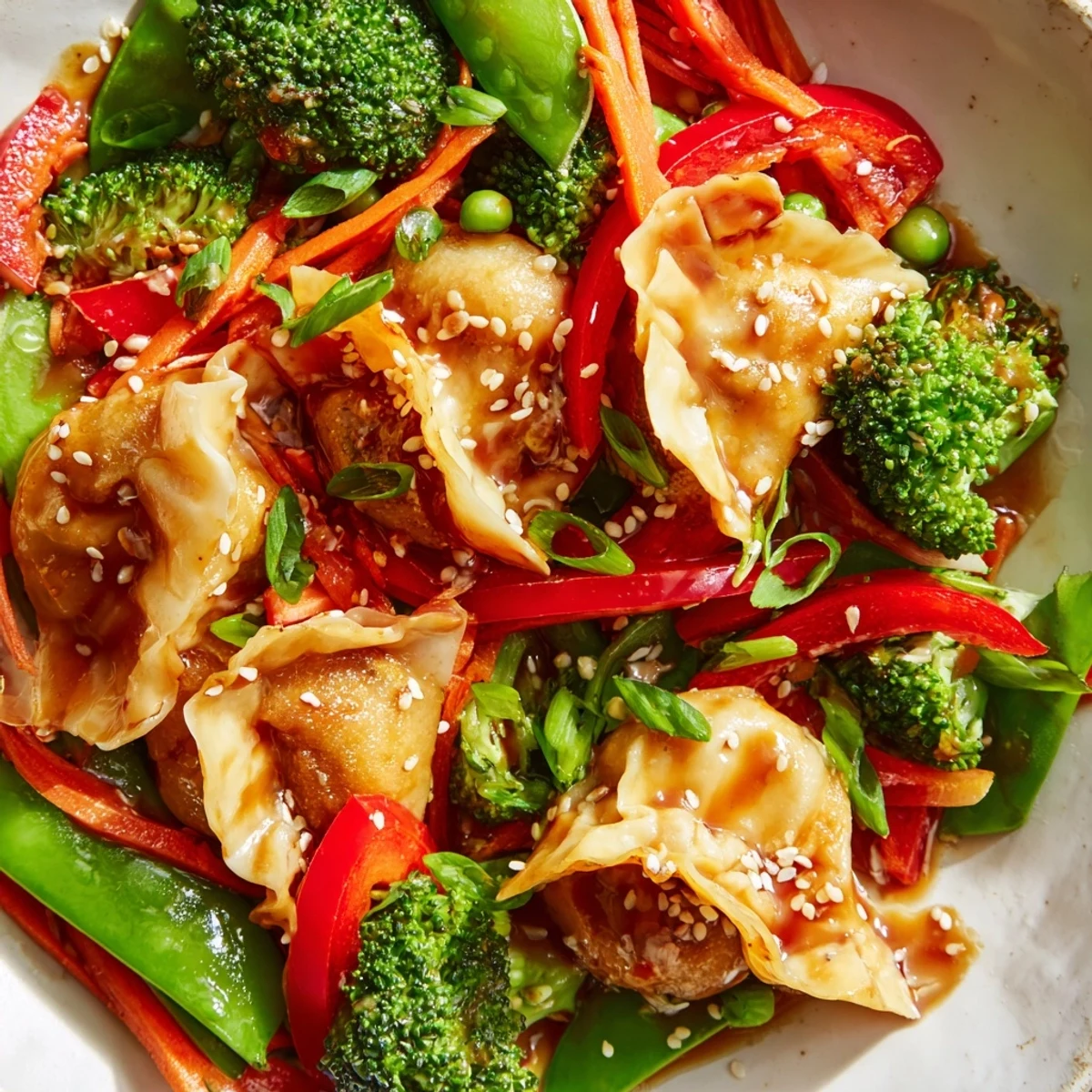 Savory garlic-coated dumpling stir fry with snap peas and sesame seed garnish on white plate