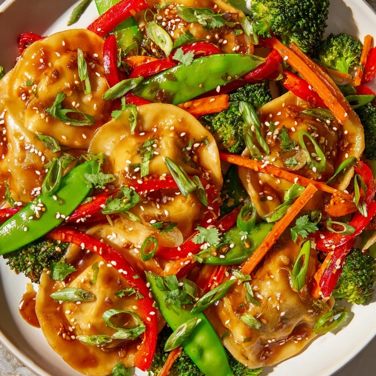 Vibrant Asian-inspired dumpling stir fry featuring tender potstickers tossed with broccoli and bell peppers