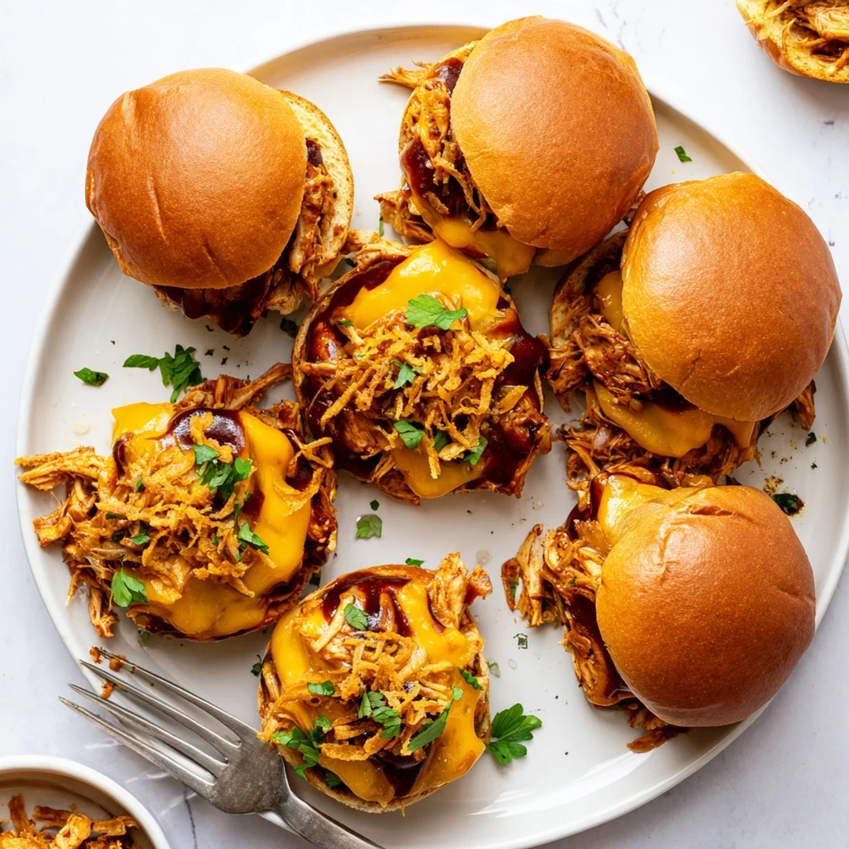 Golden brown Mississippi Mud Chicken Sliders topped with melted cheddar cheese and crispy fried onions on buttery toasted buns