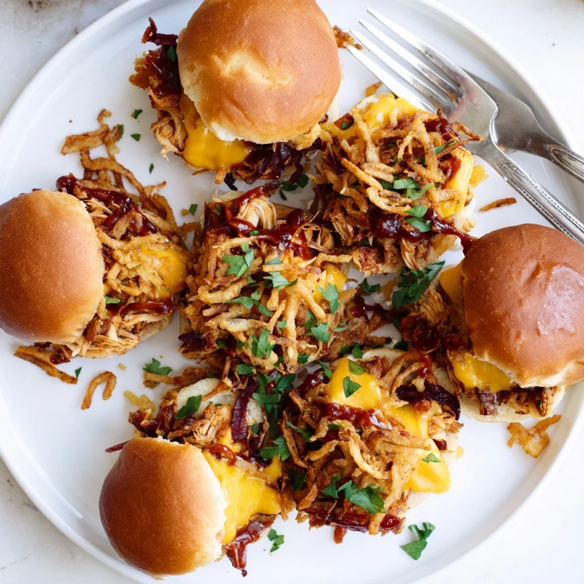 Juicy barbecue chicken piled high on slider rolls with gooey cheese and crunchy onion straws for game day parties
