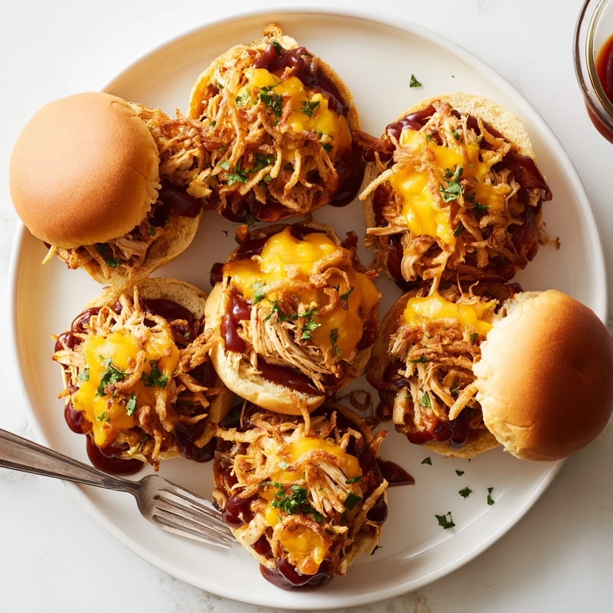 Baked Mississippi Mud Chicken Sliders featuring shredded chicken in smoky sauce with cheese topping and fresh parsley garnish