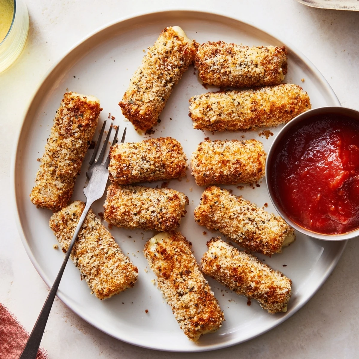 Baked mozzarella sticks with crunchy Italian breadcrumb coating and melted cheese center