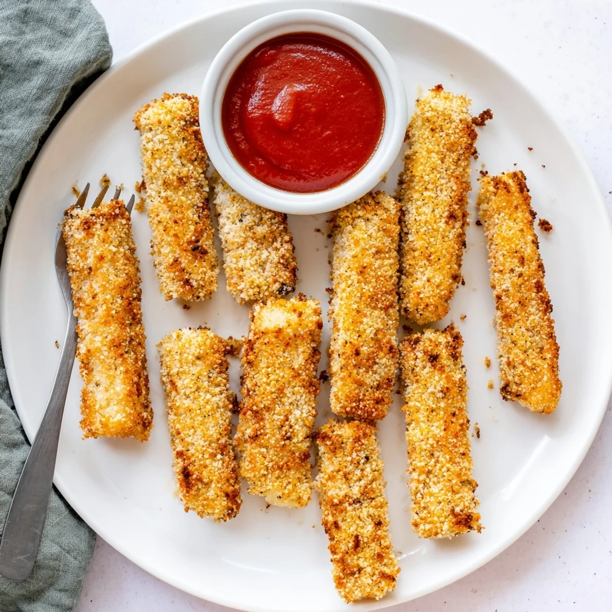 Homemade crispy baked mozzarella sticks freshly baked golden brown with specks of herbs