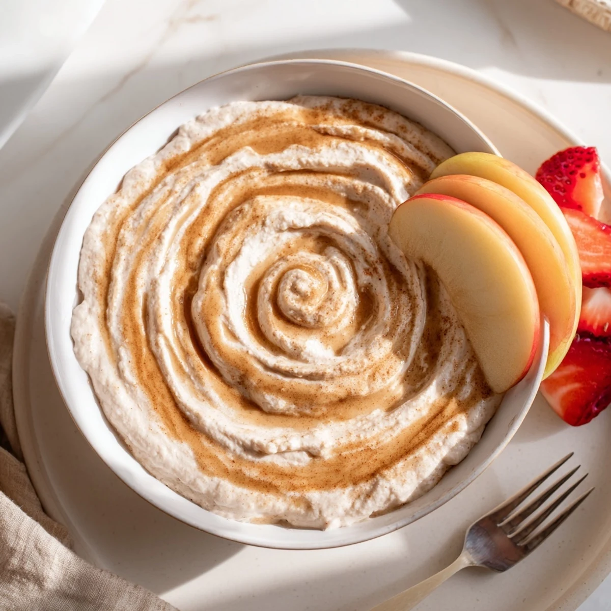 Protein-packed cinnamon roll dip featuring Greek yogurt topped with cinnamon swirl alongside pear and banana fruit dippers.