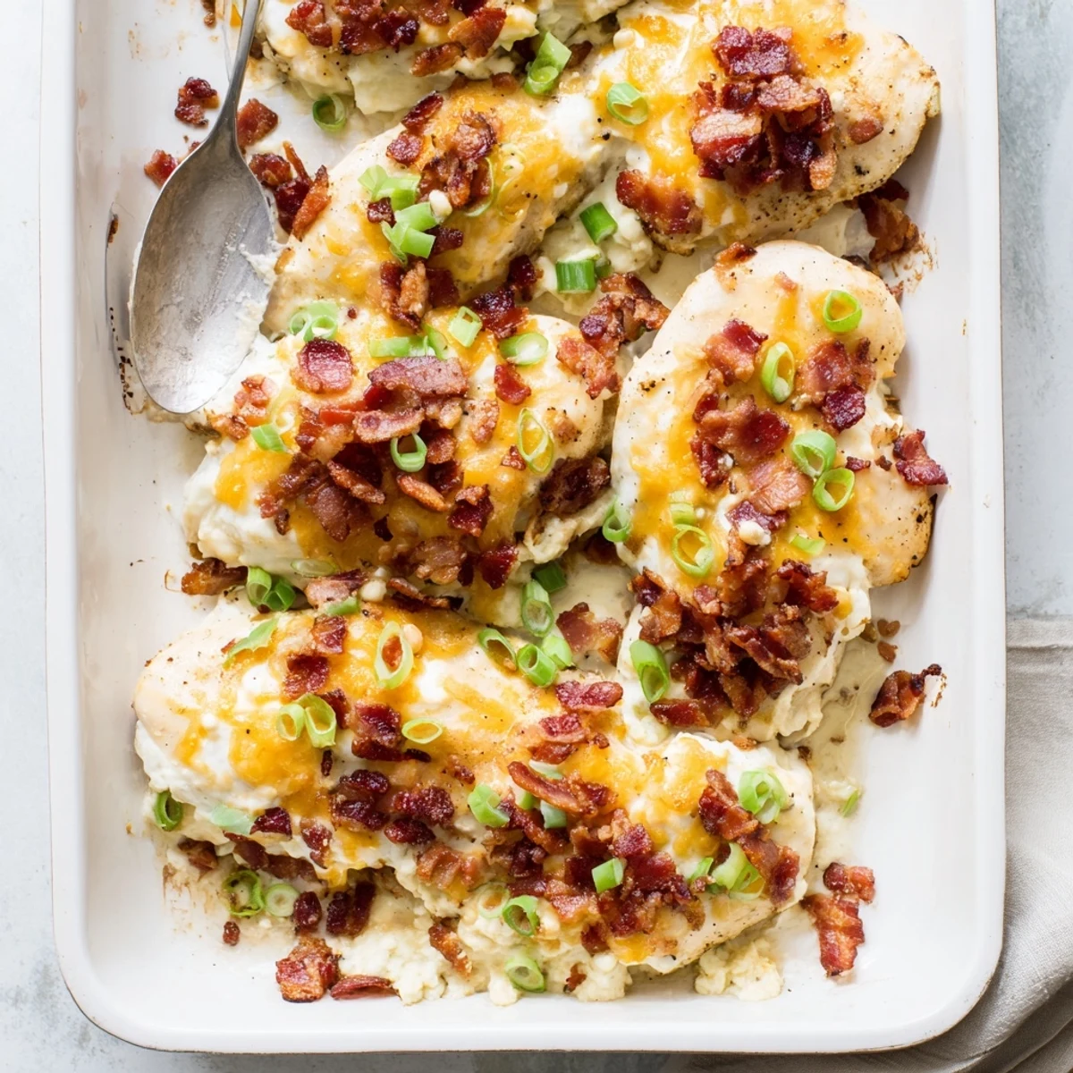Creamy crack chicken topped with melted cheddar cheese and crispy crumbled bacon