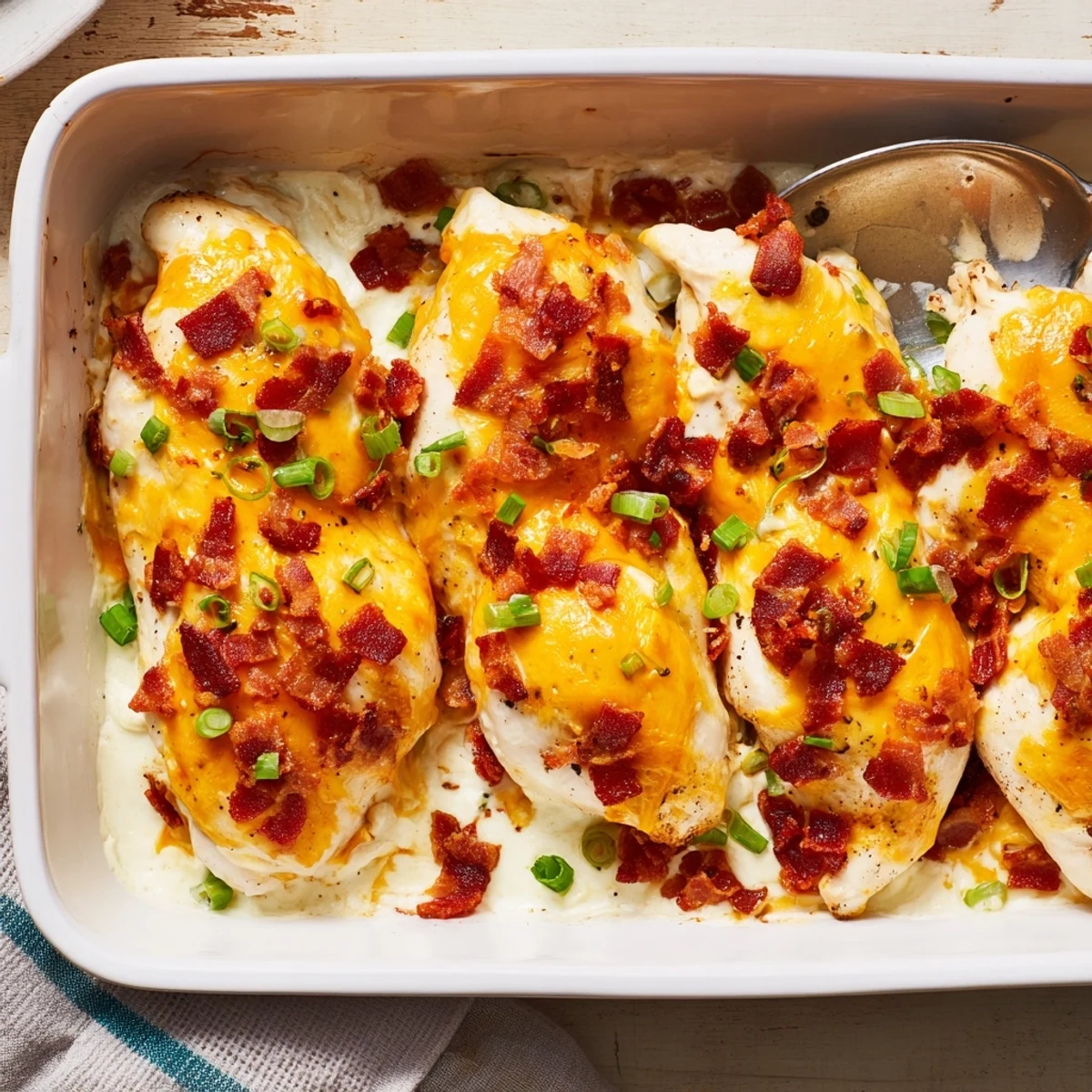 Baked crack chicken casserole with bubbly cheese and fresh green onion garnish