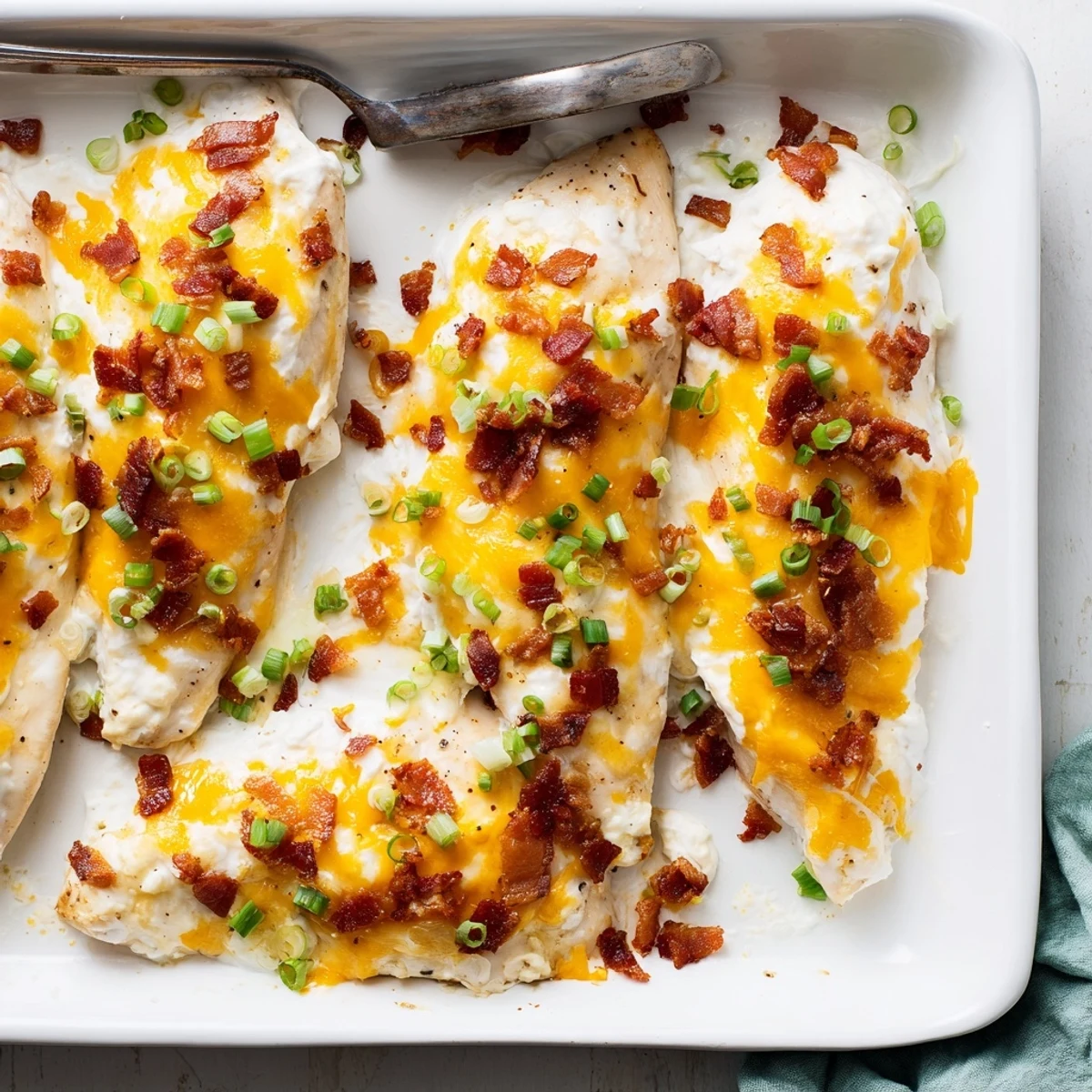 Golden crack chicken breast with ranch cream sauce and bacon pieces
