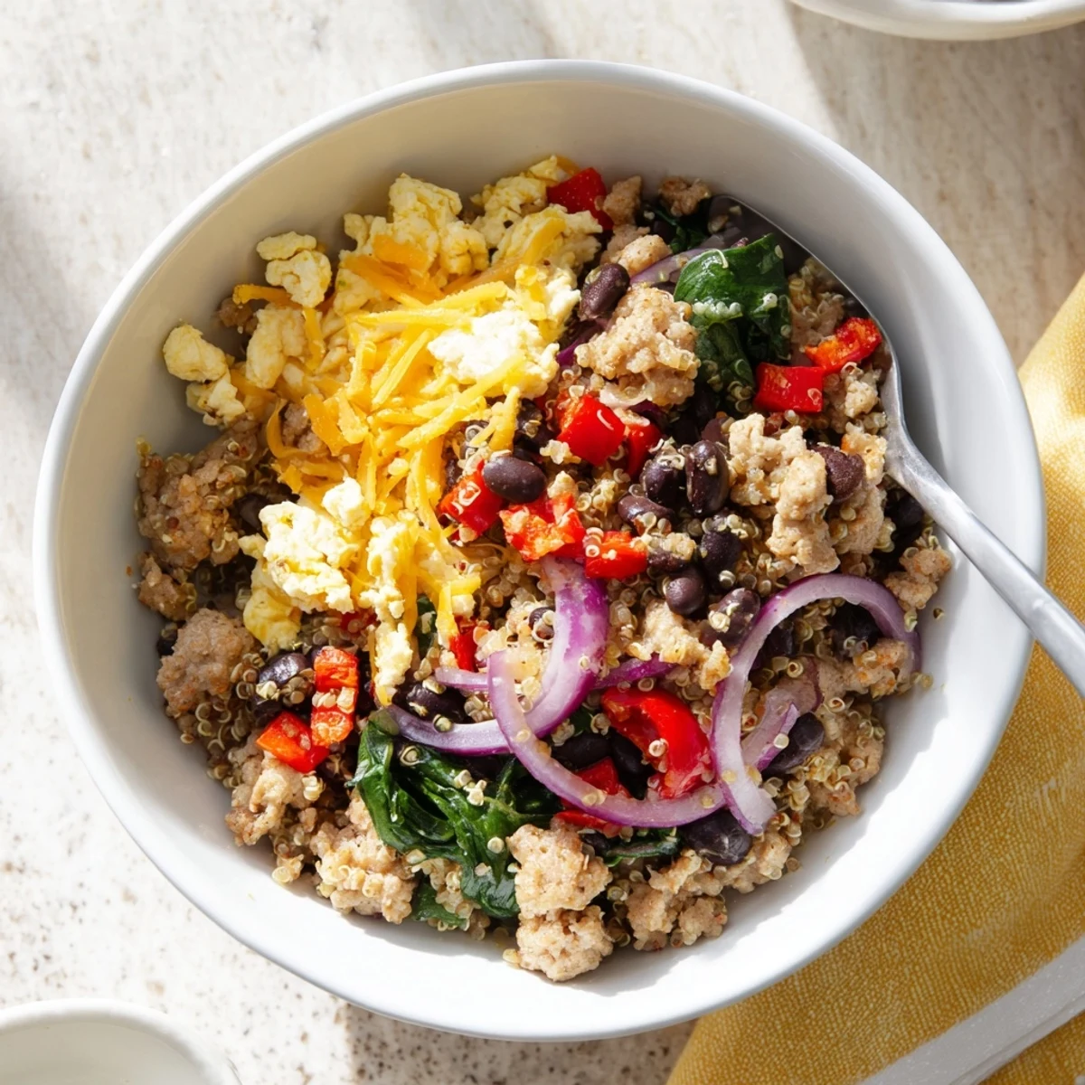 Golden scrambled eggs with colorful peppers and sausage layered over fluffy quinoa in a meal prep container